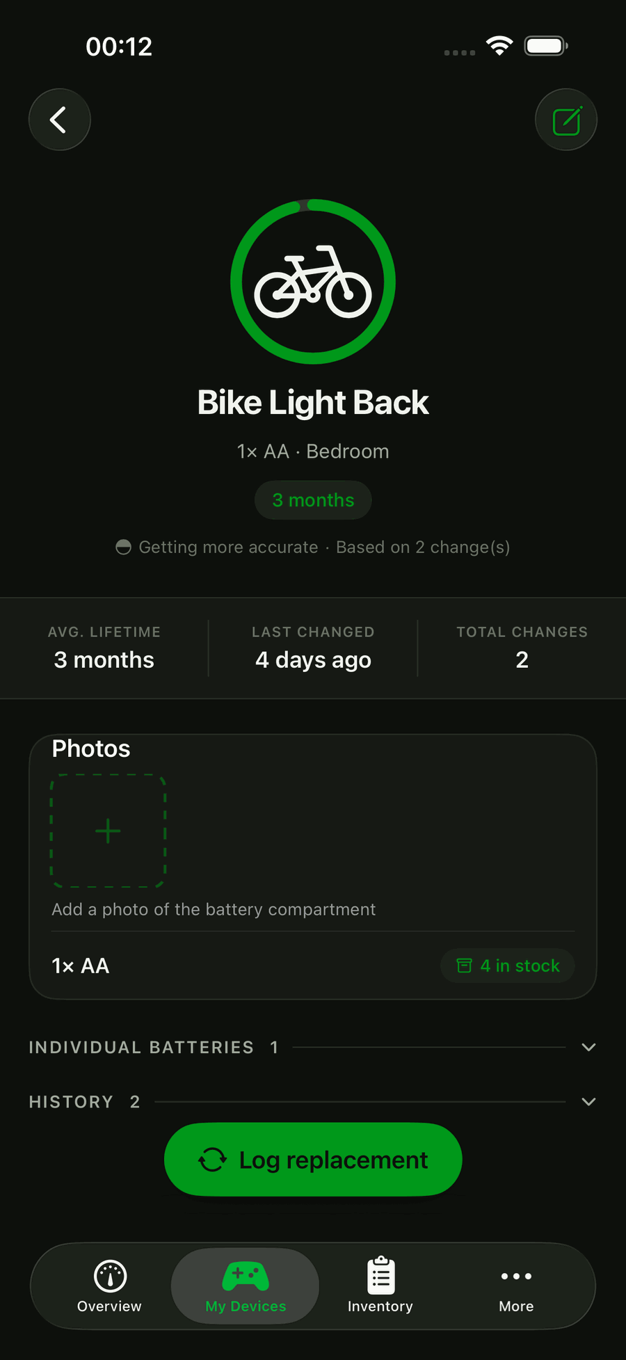 Device detail with stats, photos and history