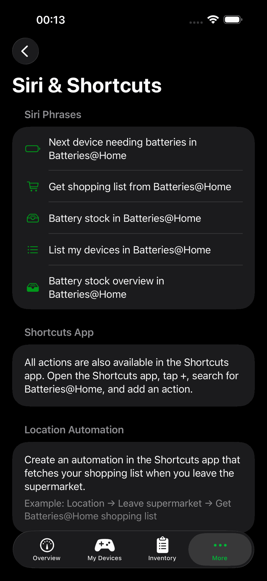 Batteries At Home 2.0 — Siri phrases and Shortcuts actions